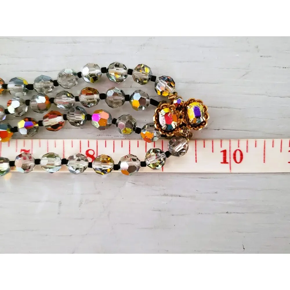 Vintage Smokey Glass AB Faceted Double Bead Strand Necklace with Box Clasp